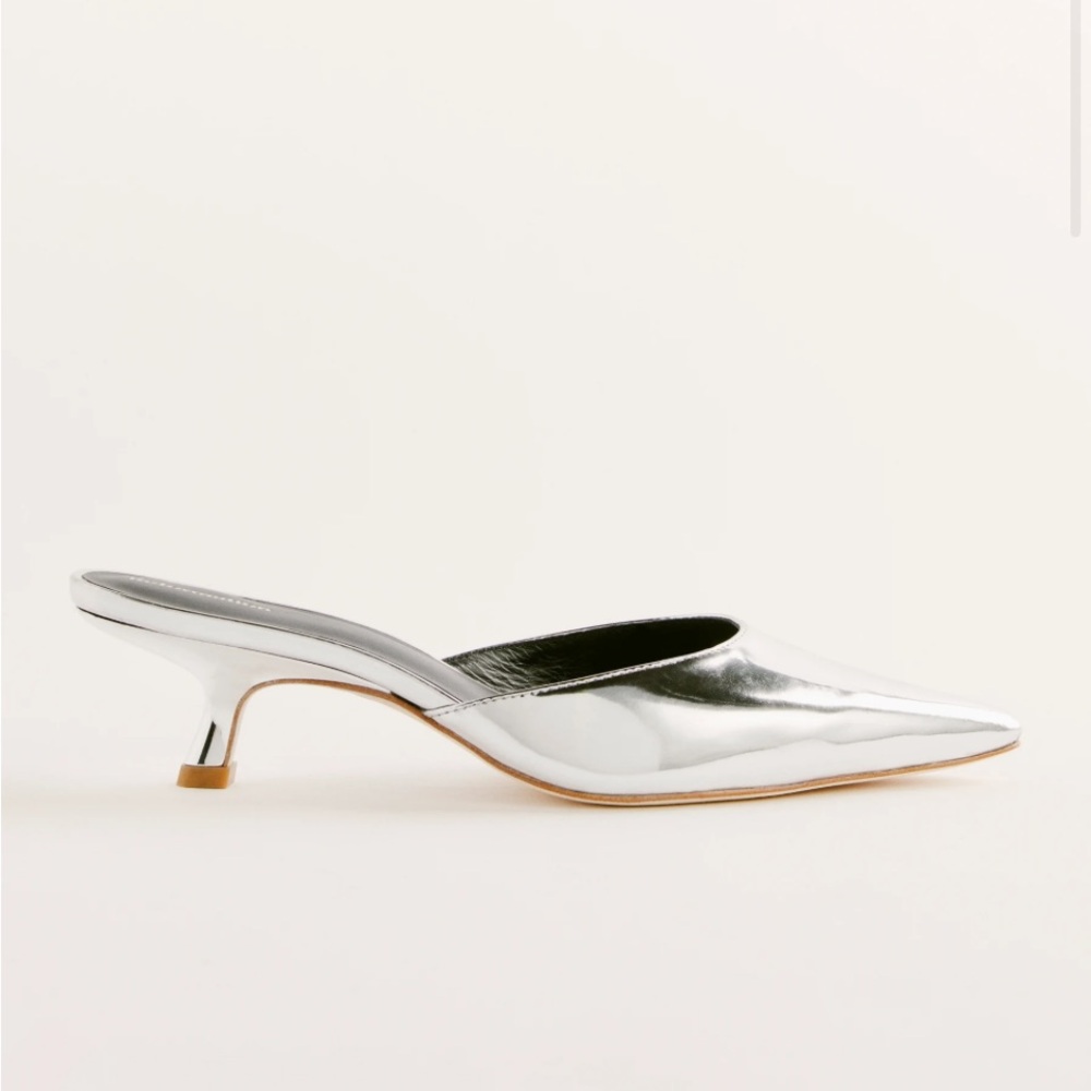NWT and bags Reformation kitten heel mule in silver mirror! Size 9 (runs small)